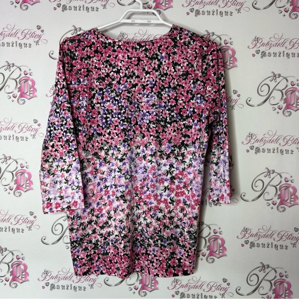 Alia top rhineston crystal diamond Floral Women's Top Pink and Purple white - Picture 2 of 6